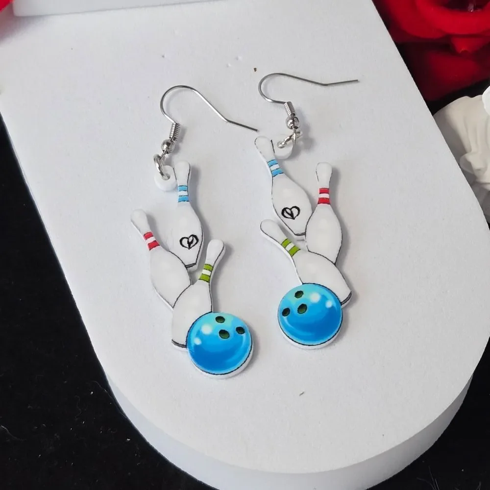 Bowling Ball & Pins Dangle Earrings White Acrylic Bowling Alley Fun Retro Sporty
